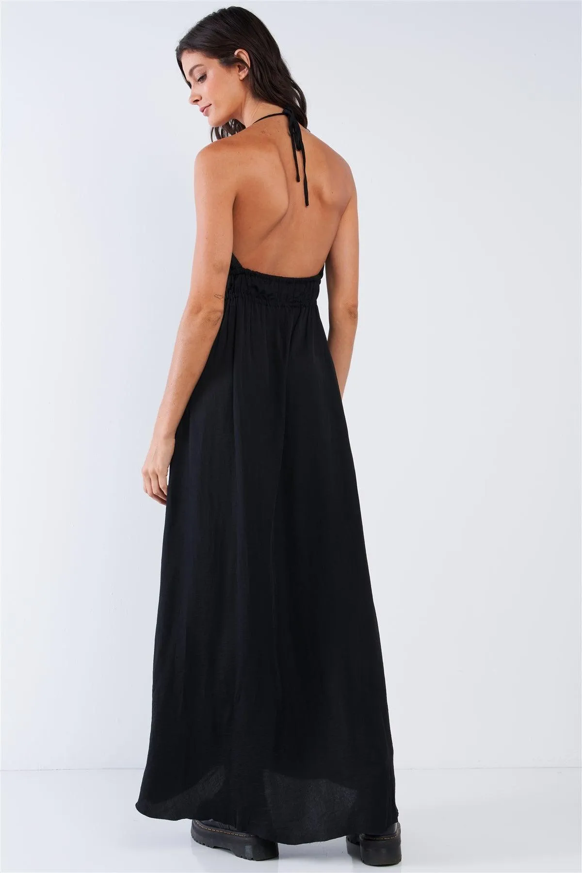 Solid Black Satin Open Back Halter Draw String Tie Top Ruffle Vertical Top-To-Bottom Hem Stretchy Waistline Maxi Dress /1-2-2-1