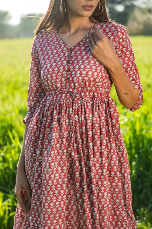 Sootisyahi 'Mesmerizing Maroon' Azofree Handblock Printed Pure Cotton Dress