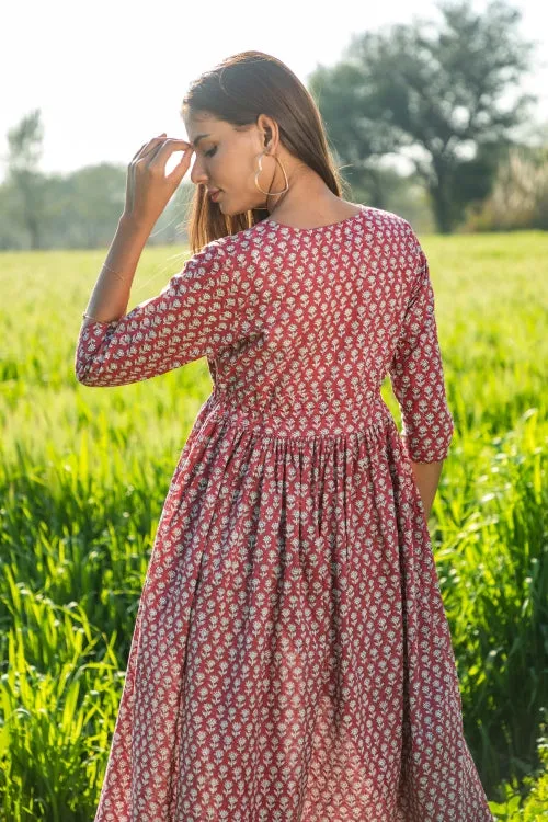 Sootisyahi 'Mesmerizing Maroon' Azofree Handblock Printed Pure Cotton Dress