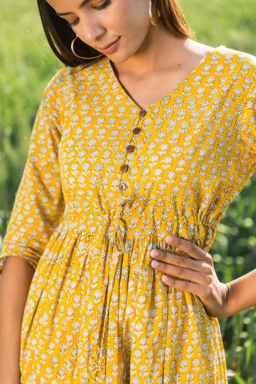 Sootisyahi 'Mustard Medow' Azofree Handblock Printed Pure Cotton Dress