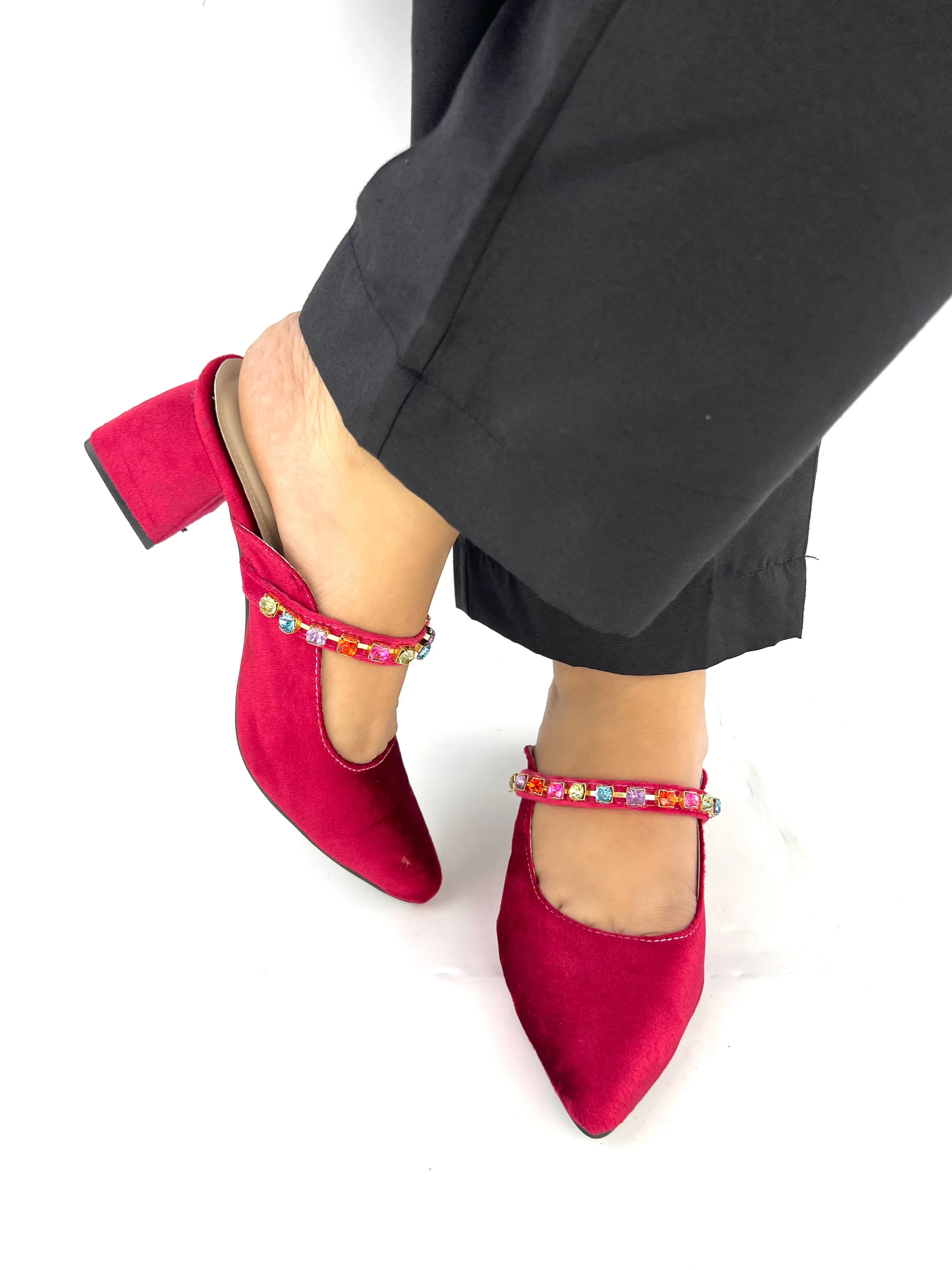 Spunkz Gemstone Straps Women Maroon Velvet Mules for Winter