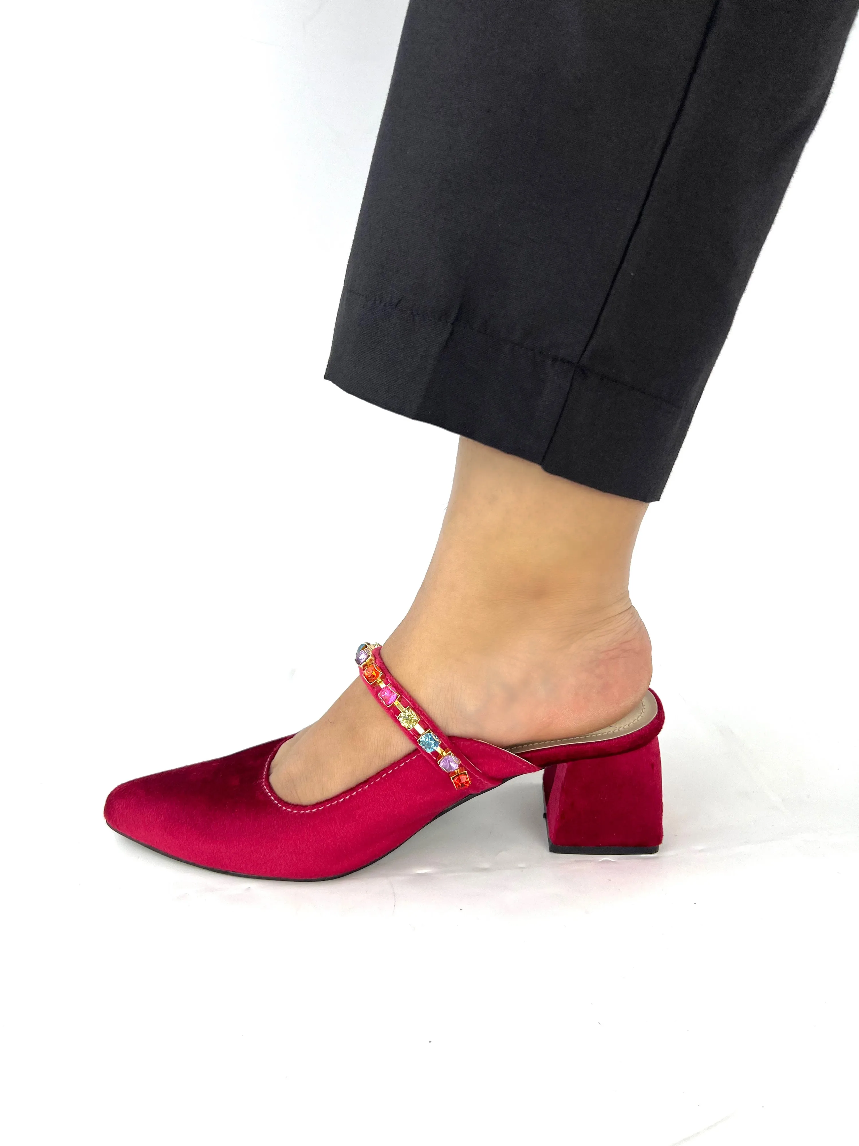 Spunkz Gemstone Straps Women Maroon Velvet Mules for Winter