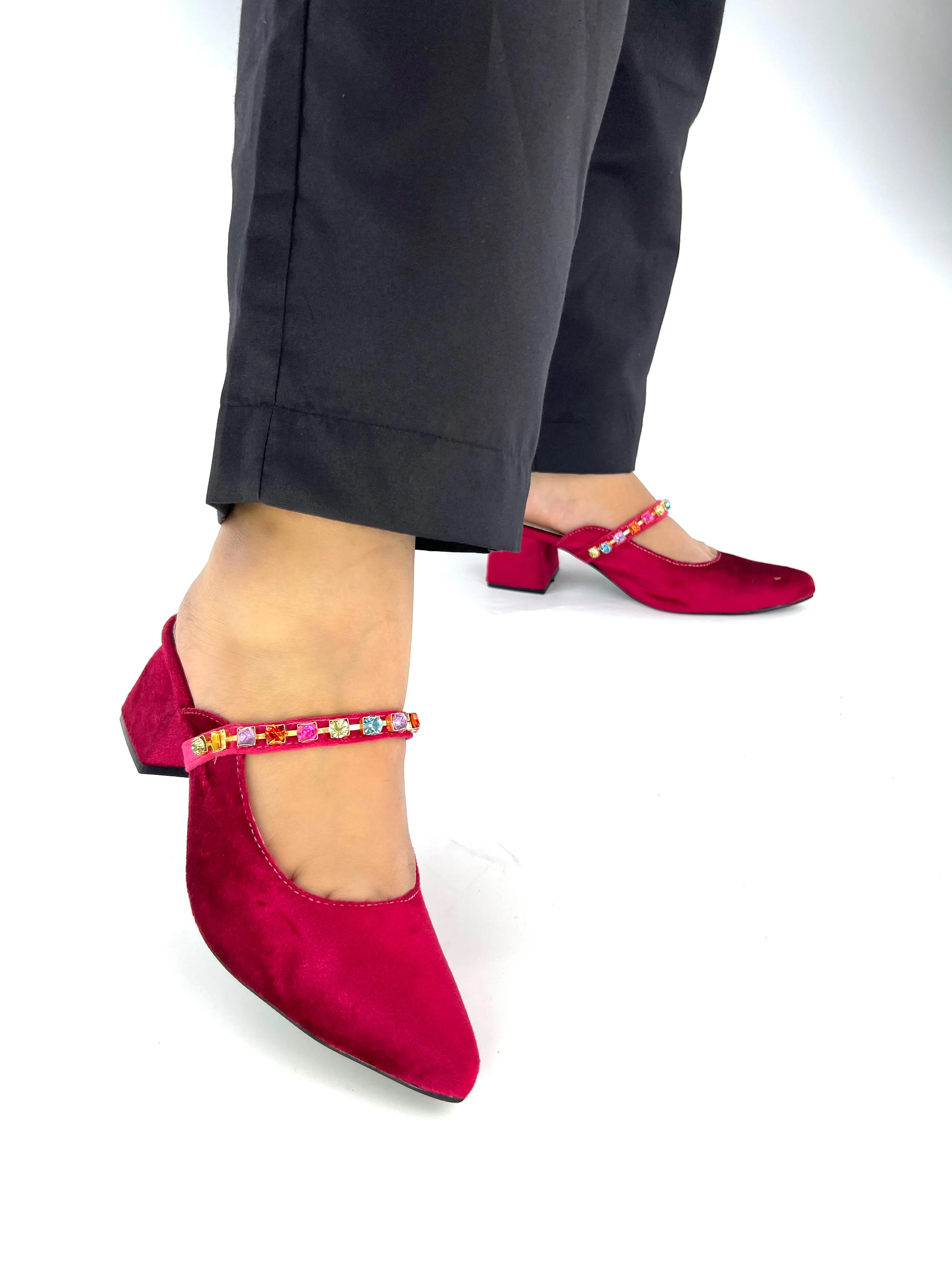 Spunkz Gemstone Straps Women Maroon Velvet Mules for Winter