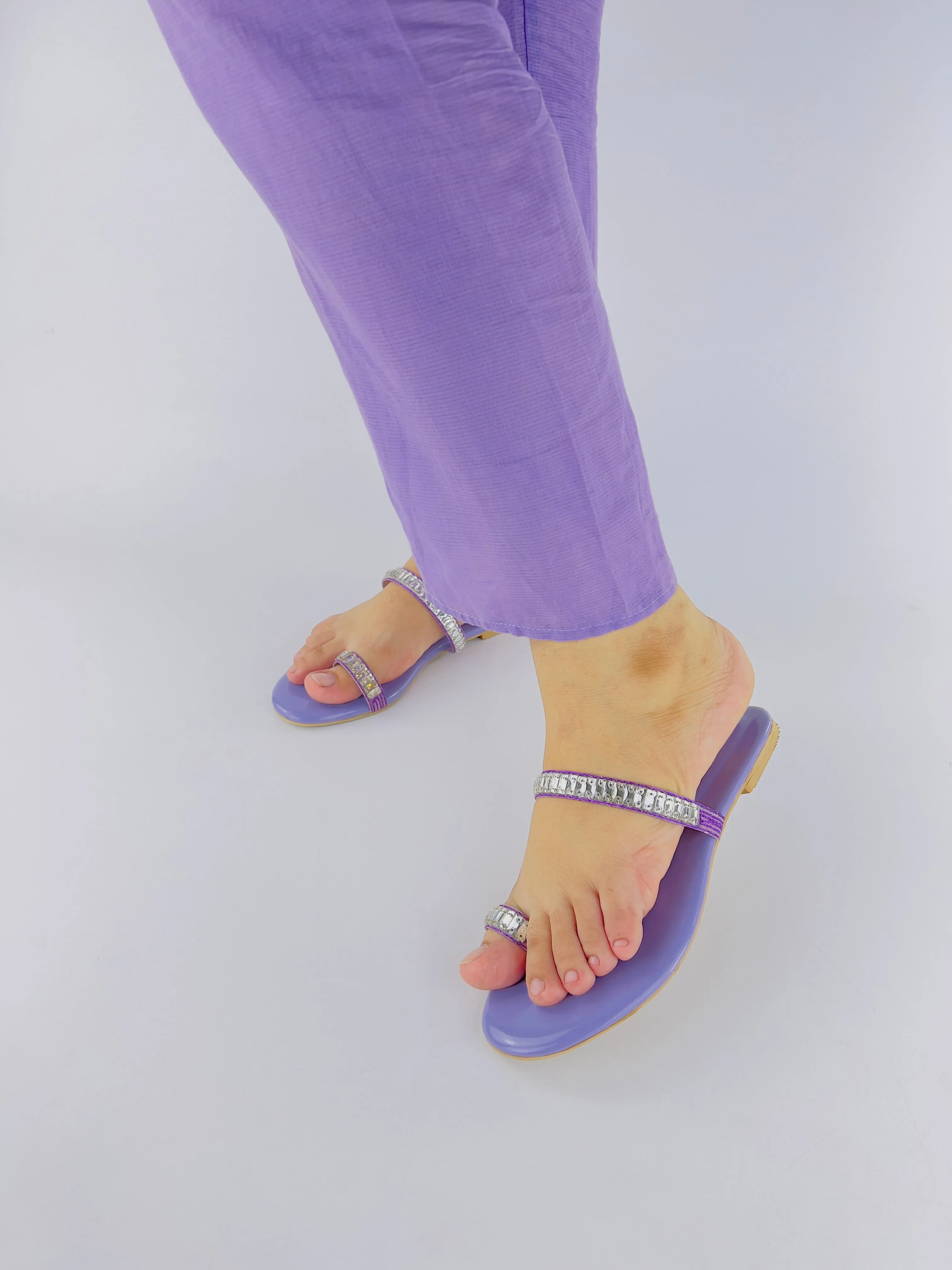 Spunkz Lilac Sparkling Crystal Chain Embellished Formal Thong Sandals