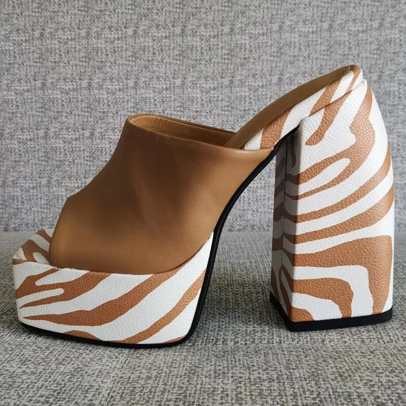 Striped Square Toe High Heel Platform Sandals