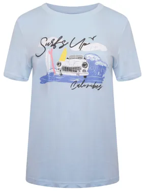 Surfs Up Motif Cotton Crew Neck T-shirt in Angel Falls Blue - South Shore