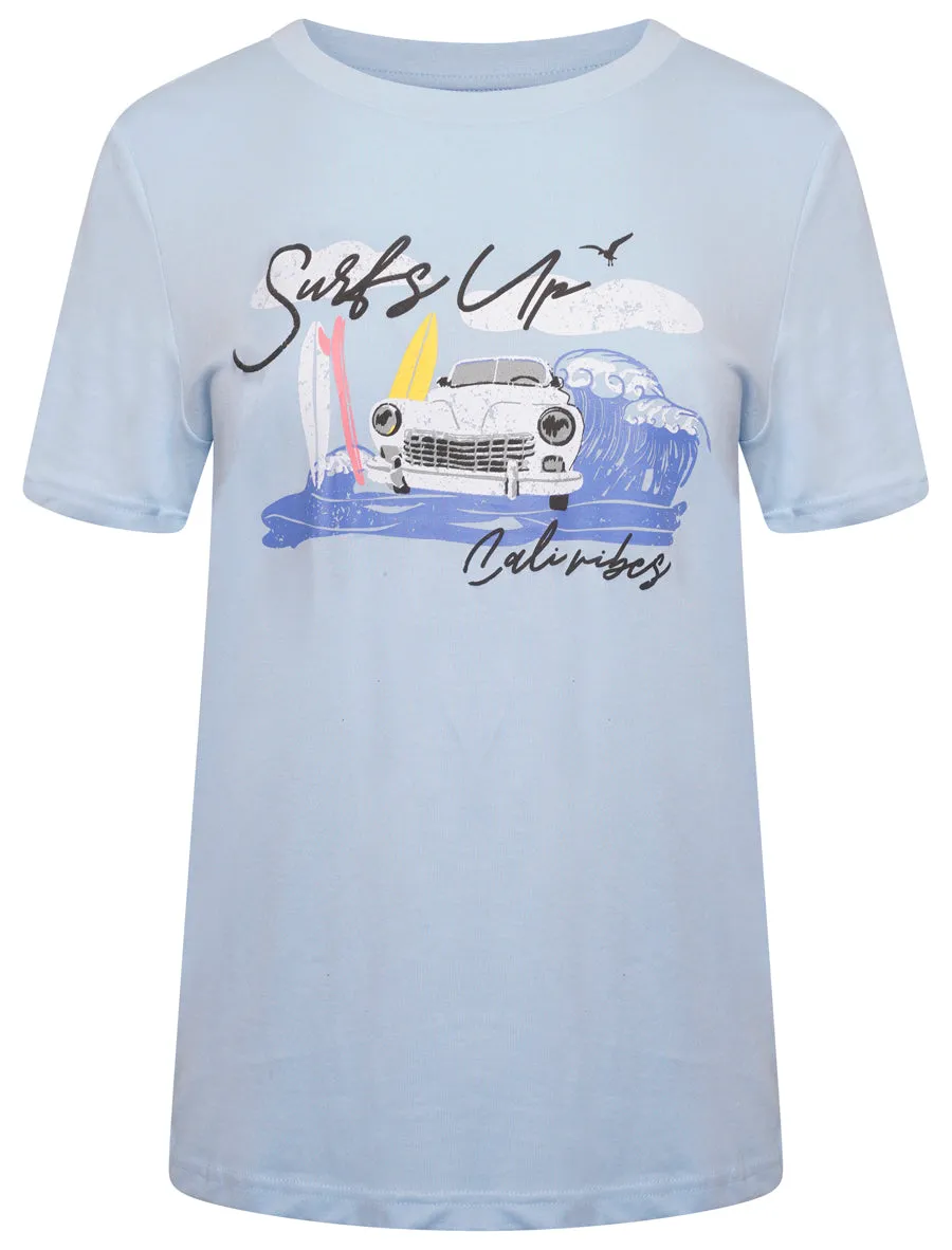 Surfs Up Motif Cotton Crew Neck T-shirt in Angel Falls Blue - South Shore