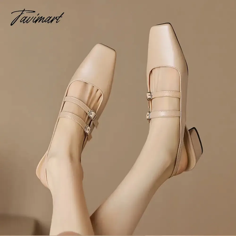 TAVIMART New Women's Sandals Square Toe Double Buckle Pumps Mid Heels Slingbacks Sliver Wedding Shoes for Woman Summer Dress Shoes 1349N