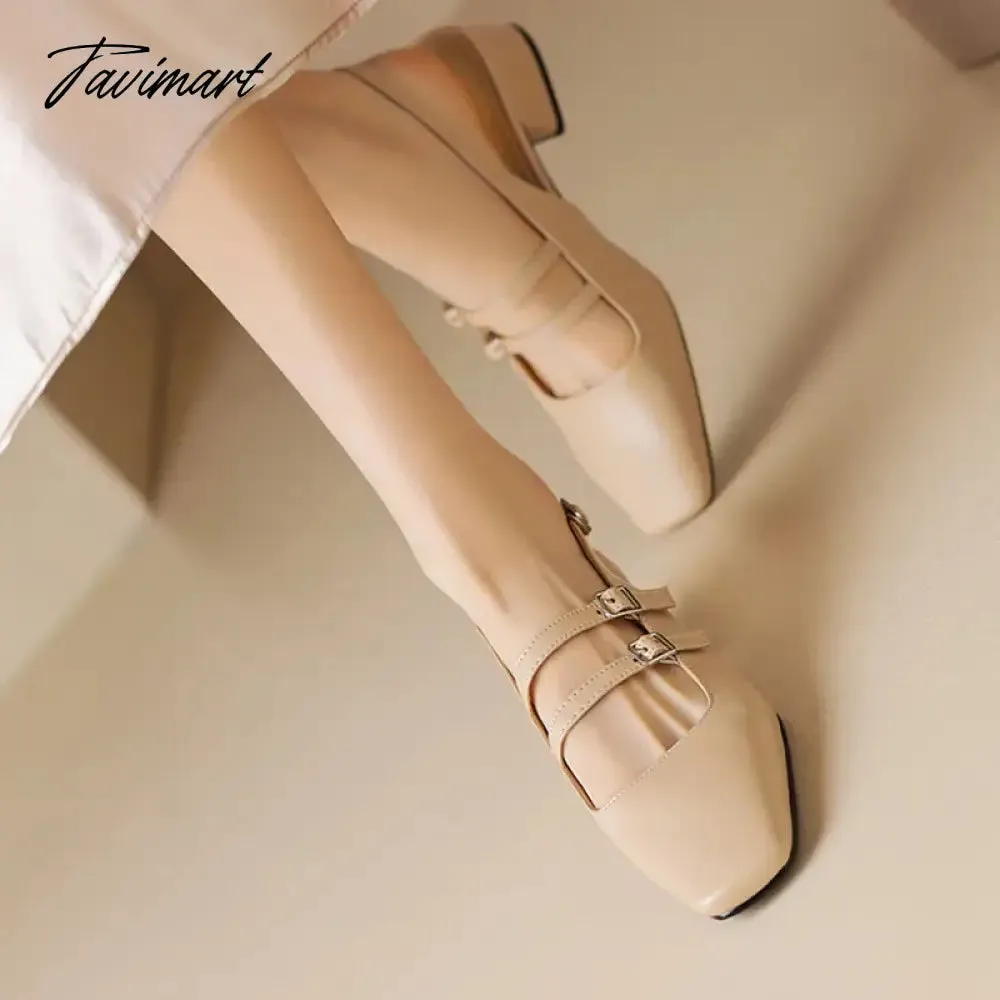 TAVIMART New Women's Sandals Square Toe Double Buckle Pumps Mid Heels Slingbacks Sliver Wedding Shoes for Woman Summer Dress Shoes 1349N