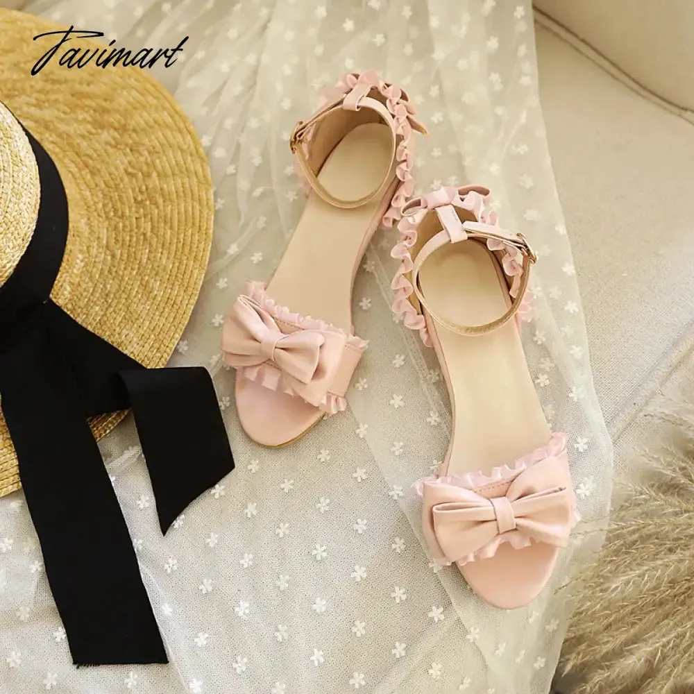 TAVIMART  -  Princess Style Cute Bowknot Wavy Edge Women's Sandals Low-Heel Breathable Lace Edge Sweet Pumps Buckle Pink School Shoes