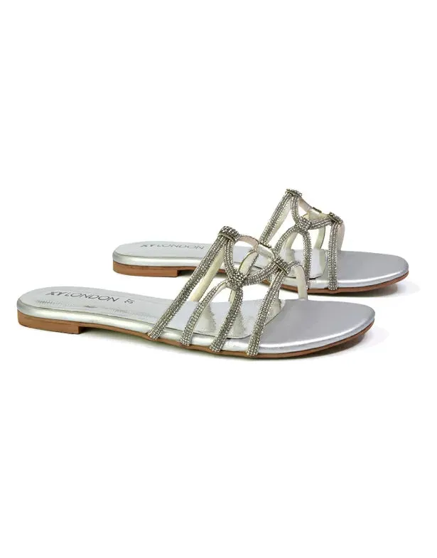 Tiger Slip On Summer Flat Diamante Sandal Statement Sparkly Sliders in Silver