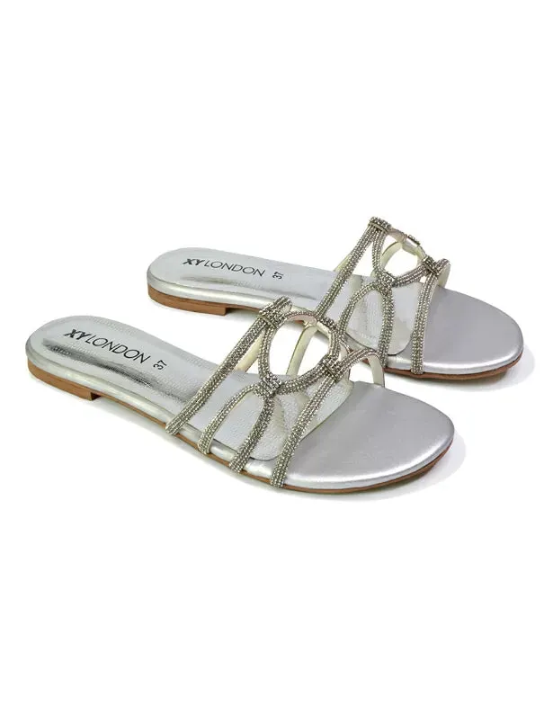 Tiger Slip On Summer Flat Diamante Sandal Statement Sparkly Sliders in Silver