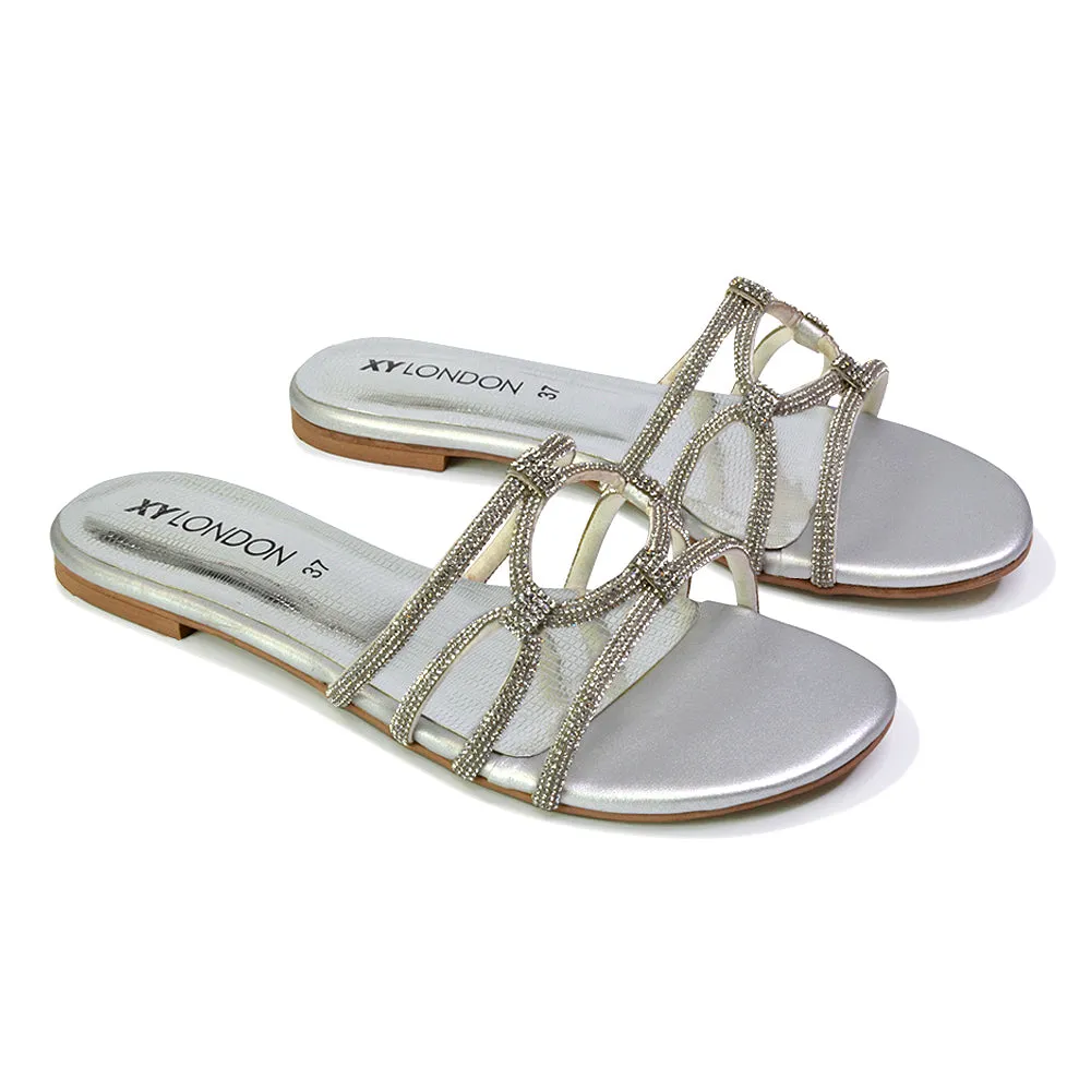 Tiger Slip On Summer Flat Diamante Sandal Statement Sparkly Sliders in Silver