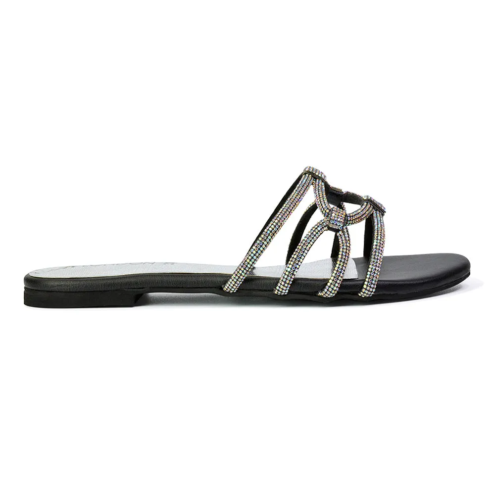 Tiger Slip On Summer Flat Diamante Sandal Statement Sparkly Sliders in Silver