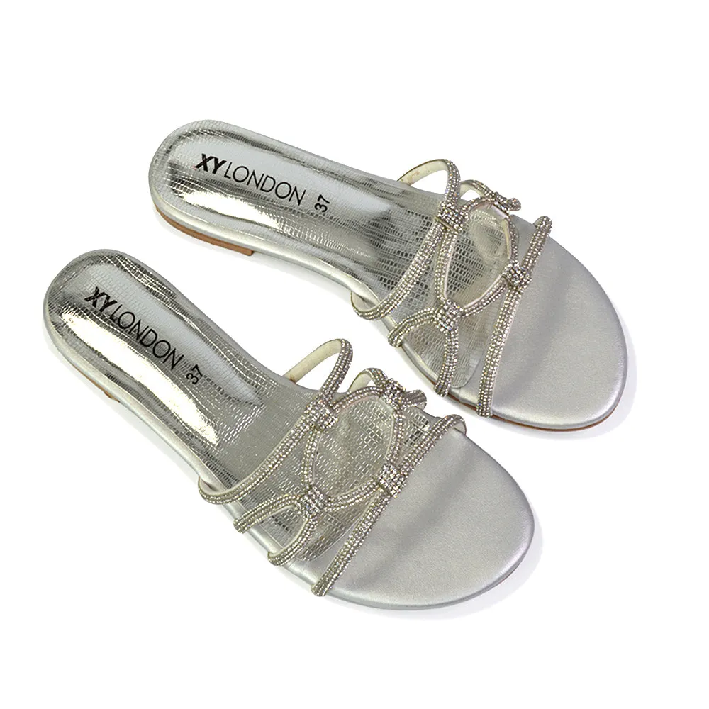 Tiger Slip On Summer Flat Diamante Sandal Statement Sparkly Sliders in Silver