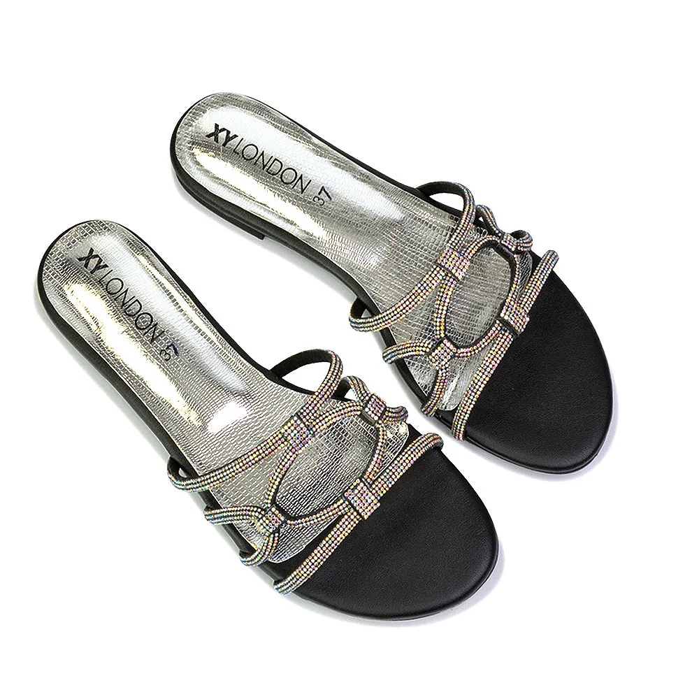 Tiger Slip On Summer Flat Diamante Sandal Statement Sparkly Sliders in Silver