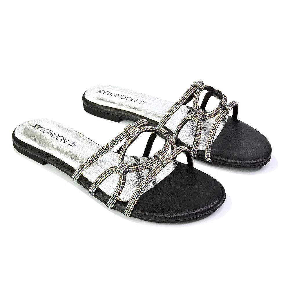 Tiger Slip On Summer Flat Diamante Sandal Statement Sparkly Sliders in Silver