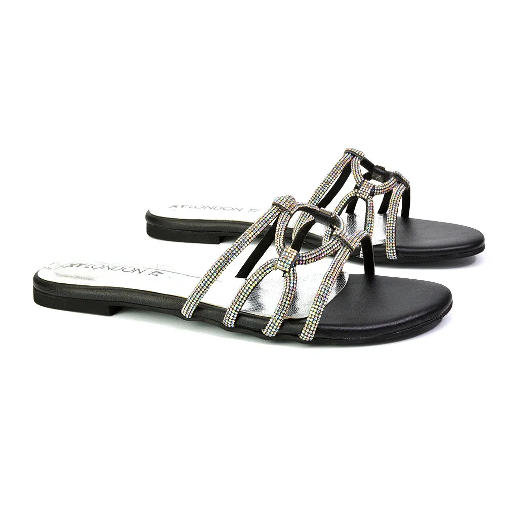 Tiger Slip On Summer Flat Diamante Sandal Statement Sparkly Sliders in Silver