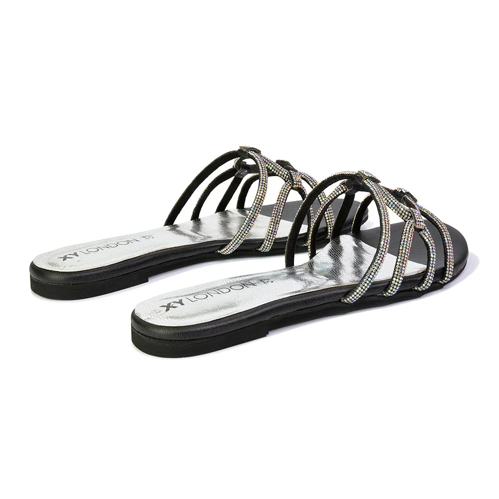 Tiger Slip On Summer Flat Diamante Sandal Statement Sparkly Sliders in Silver