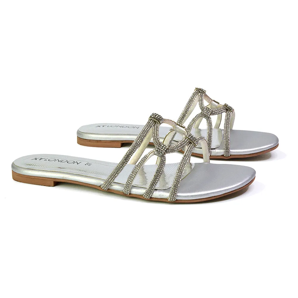 Tiger Slip On Summer Flat Diamante Sandal Statement Sparkly Sliders in Silver