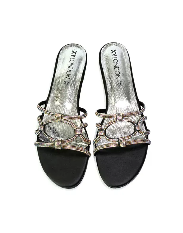 Tiger Slip On Summer Flat Diamante Sandal Statement Sparkly Sliders in Silver