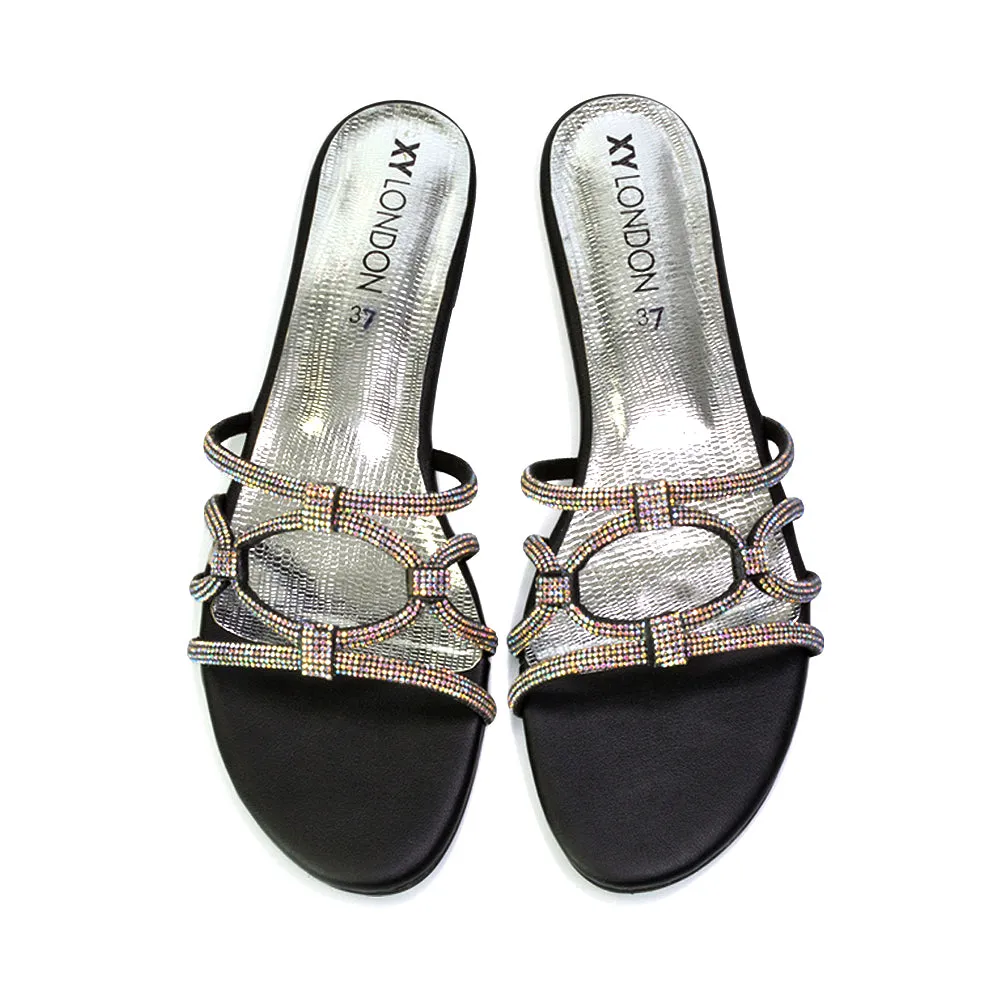 Tiger Slip On Summer Flat Diamante Sandal Statement Sparkly Sliders in Silver