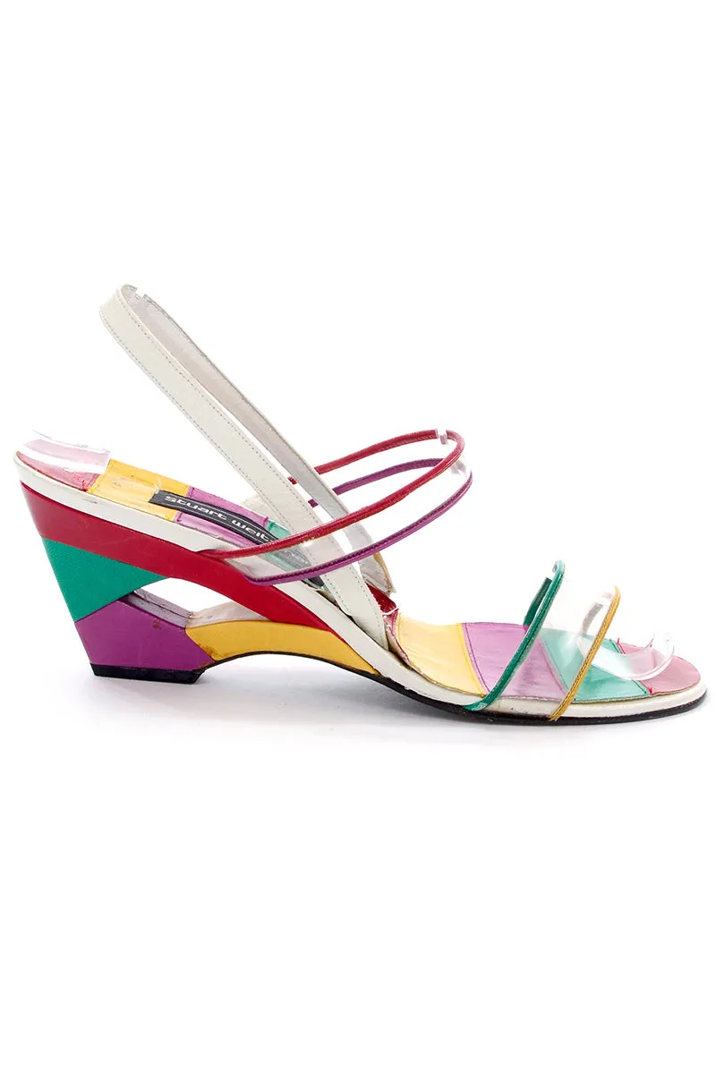 Unworn Stuart Weitzman Rainbow Leather Cutout Wedges w/ PVC Straps 38