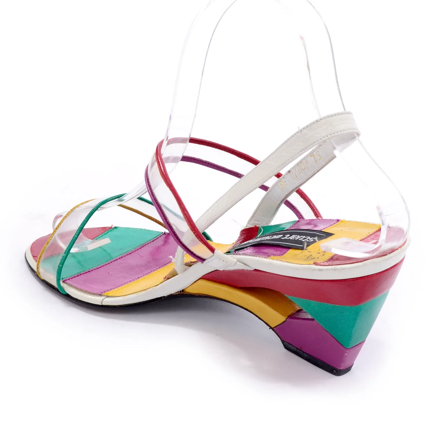 Unworn Stuart Weitzman Rainbow Leather Cutout Wedges w/ PVC Straps 38