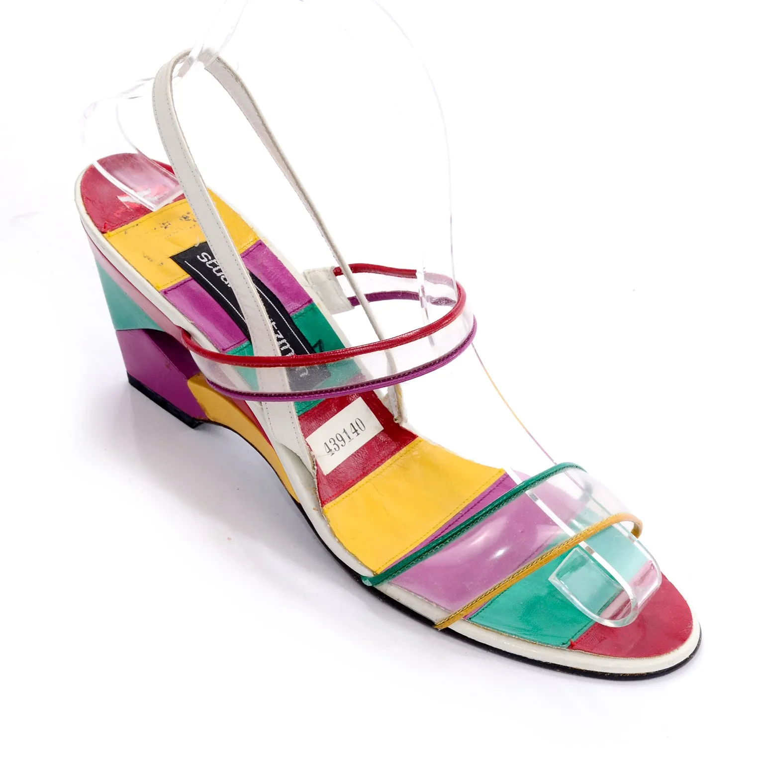 Unworn Stuart Weitzman Rainbow Leather Cutout Wedges w/ PVC Straps 38