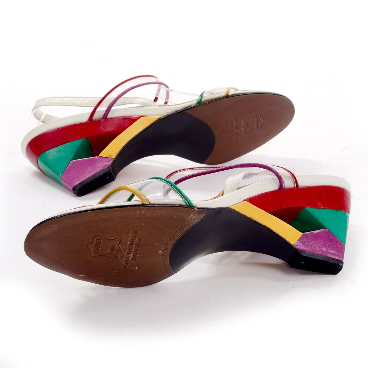 Unworn Stuart Weitzman Rainbow Leather Cutout Wedges w/ PVC Straps 38