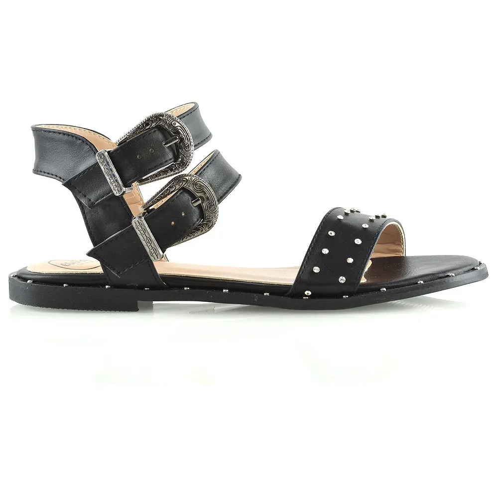 VANESSA DOUBLE BUCKLE STRAP DIAMANTE FLAT SANDALS IN BLACK SYNTHETIC LEATHER