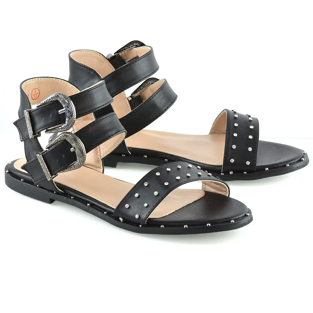 VANESSA DOUBLE BUCKLE STRAP DIAMANTE FLAT SANDALS IN BLACK SYNTHETIC LEATHER