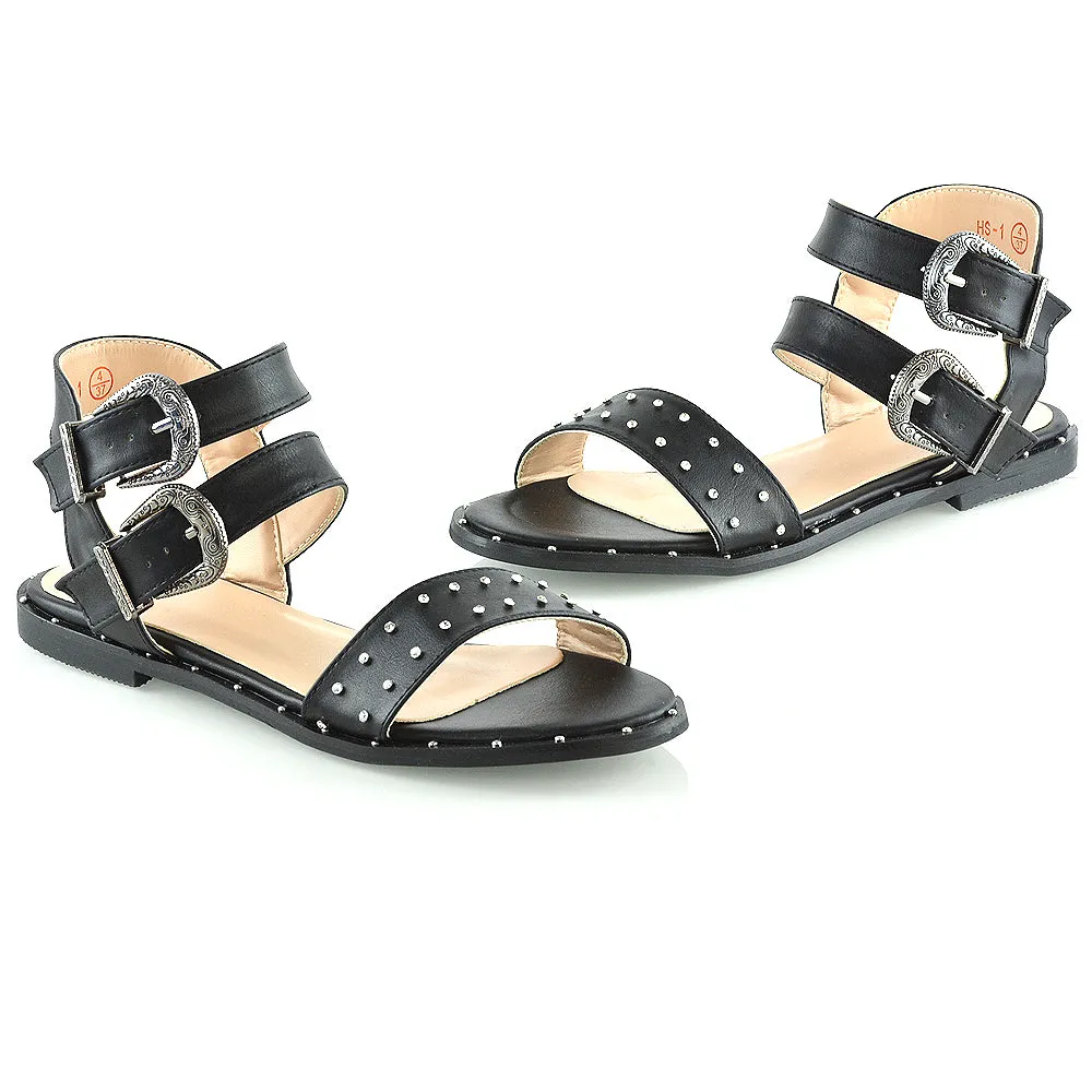 VANESSA DOUBLE BUCKLE STRAP DIAMANTE FLAT SANDALS IN BLACK SYNTHETIC LEATHER