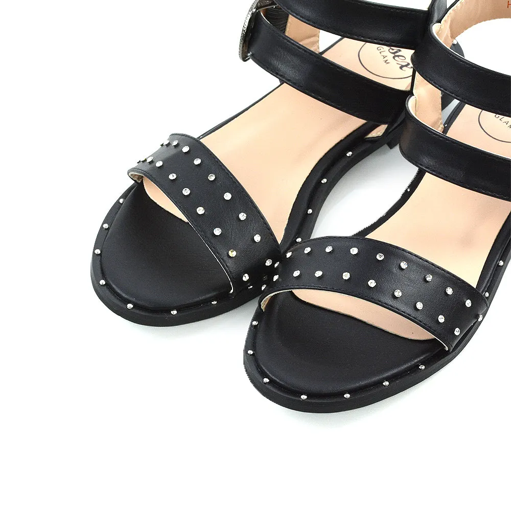 VANESSA DOUBLE BUCKLE STRAP DIAMANTE FLAT SANDALS IN BLACK SYNTHETIC LEATHER