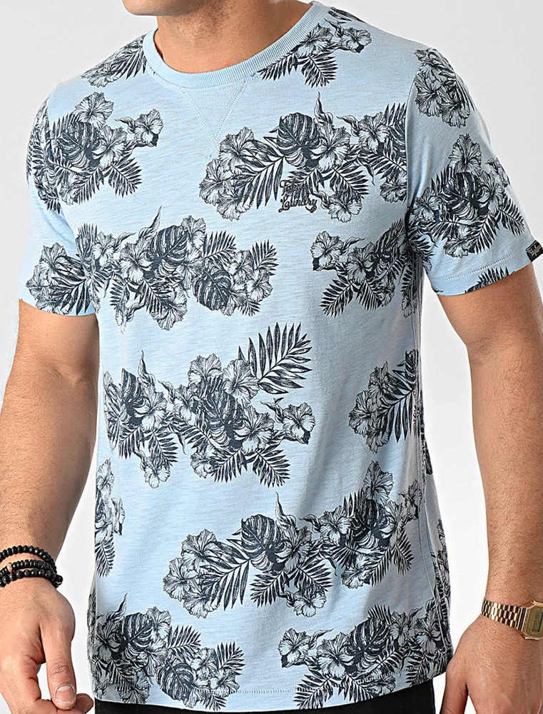 Waiuku Tropical Printed Cotton Slub T-Shirt In Angel Falls Blue - Tokyo Laundry