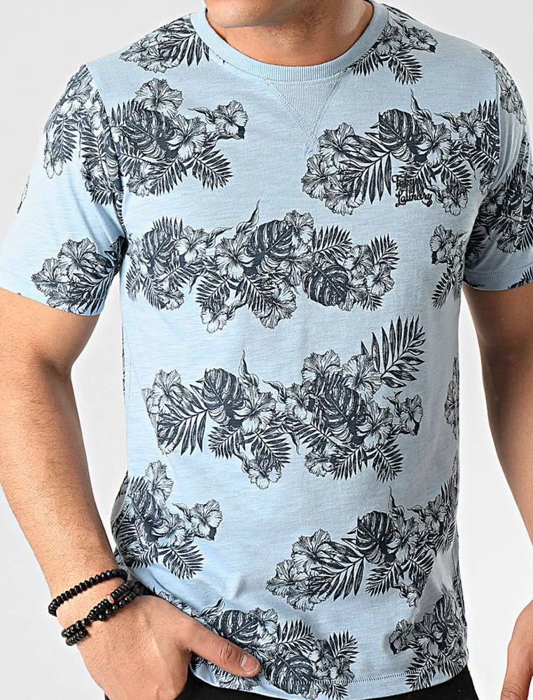 Waiuku Tropical Printed Cotton Slub T-Shirt In Angel Falls Blue - Tokyo Laundry