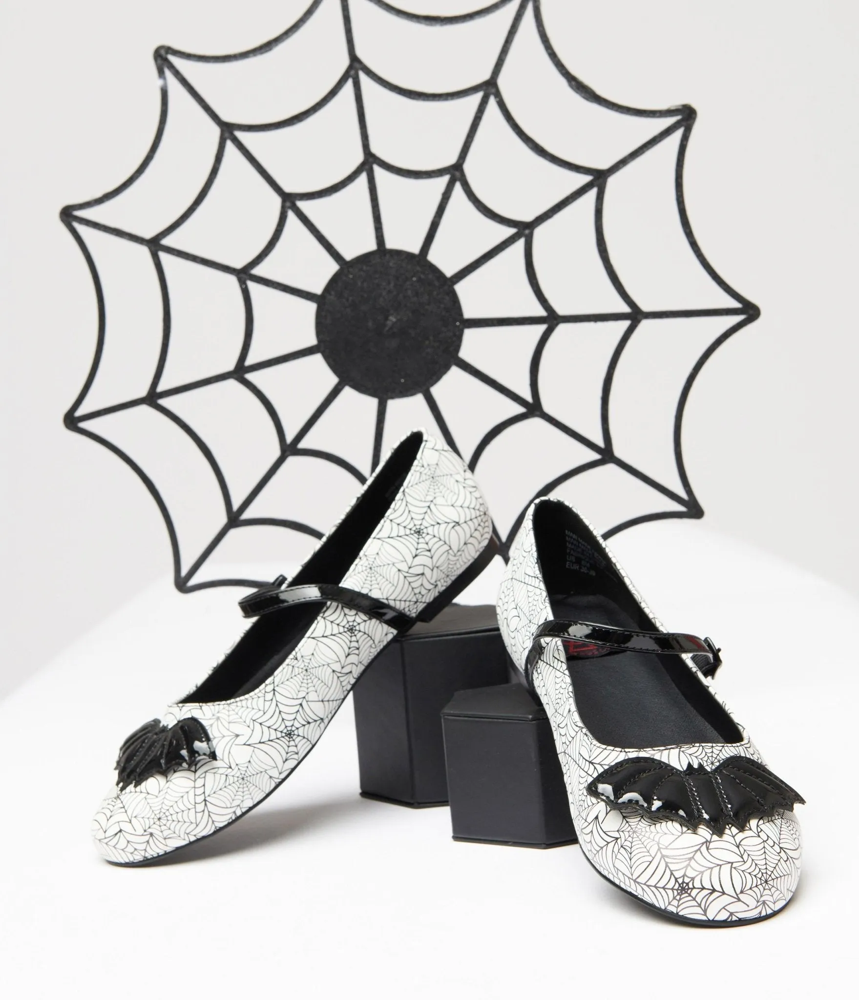 White & Black Bat Spiderweb Mary Jane Flats