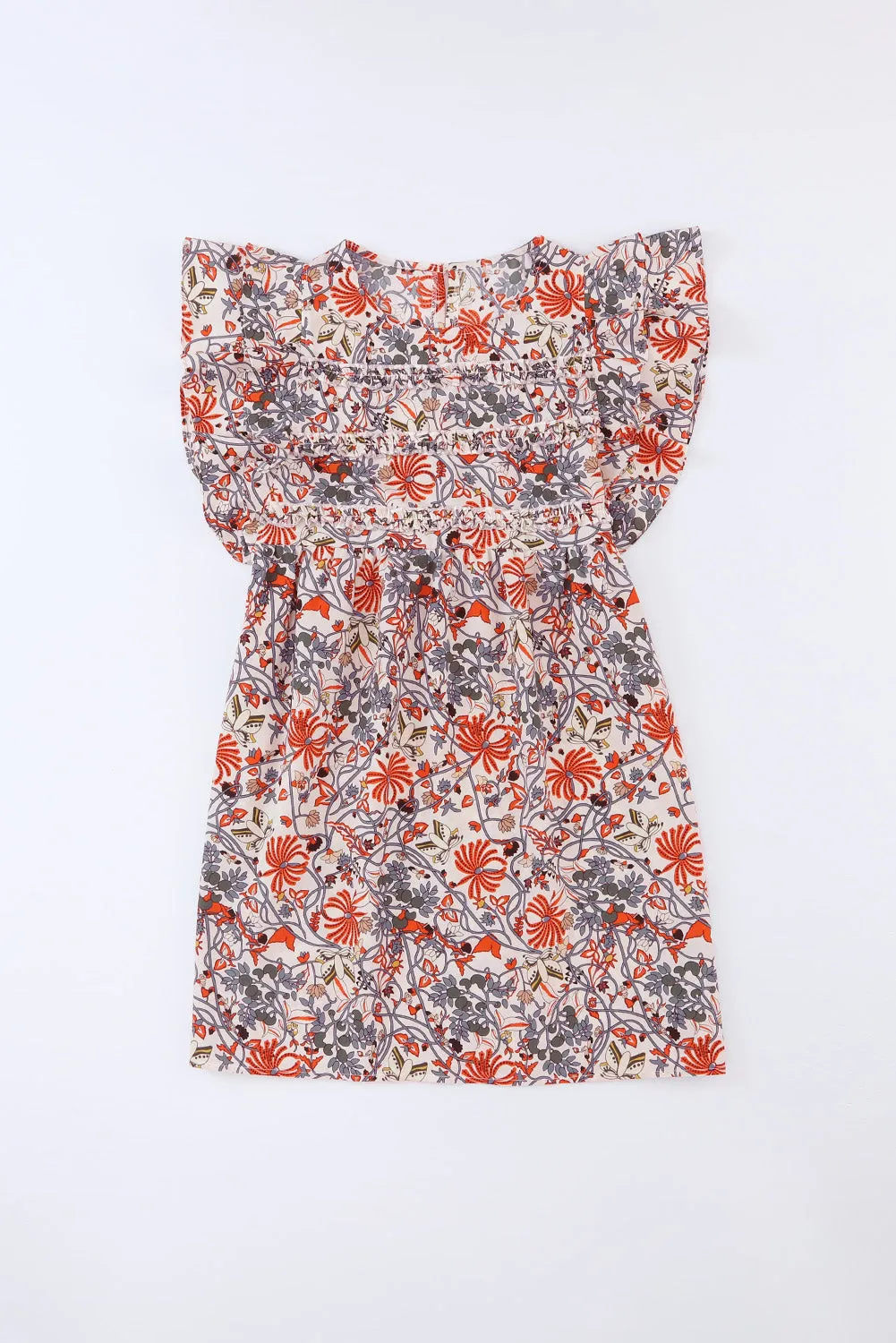 White Round Neck Ruffled Flutter Floral Short Dress