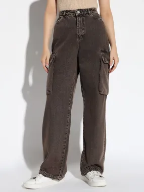 Women Brown Wide Leg Cargo Jeans