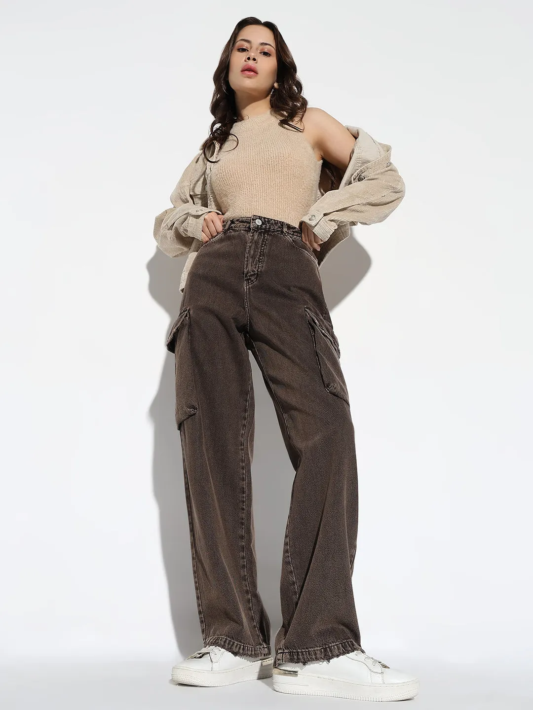 Women Brown Wide Leg Cargo Jeans