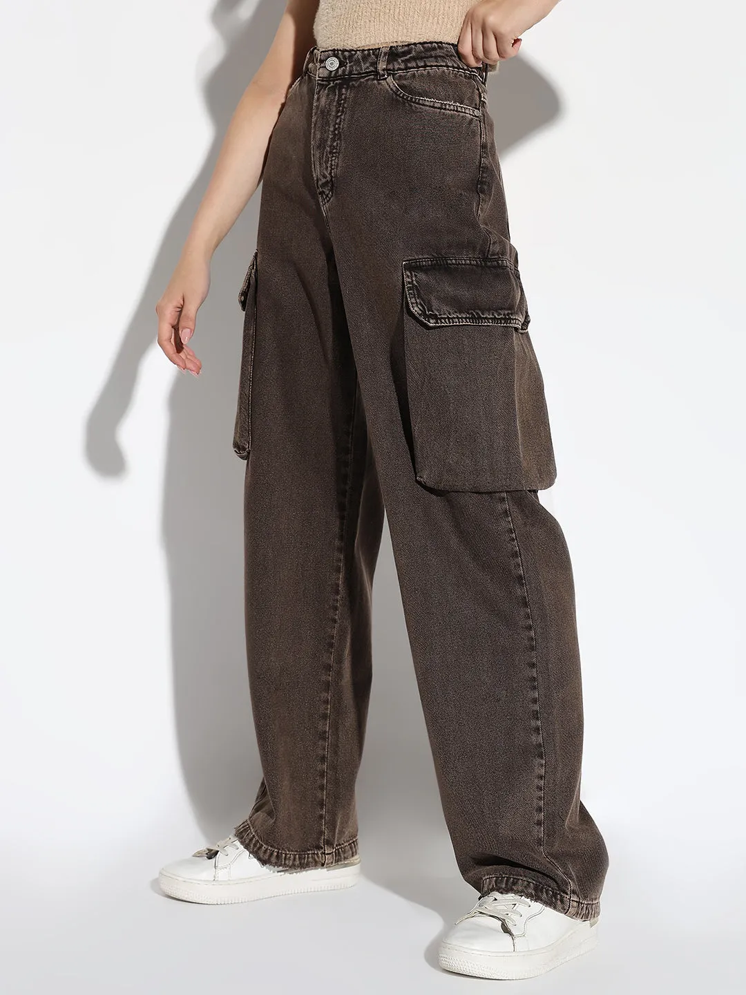 Women Brown Wide Leg Cargo Jeans