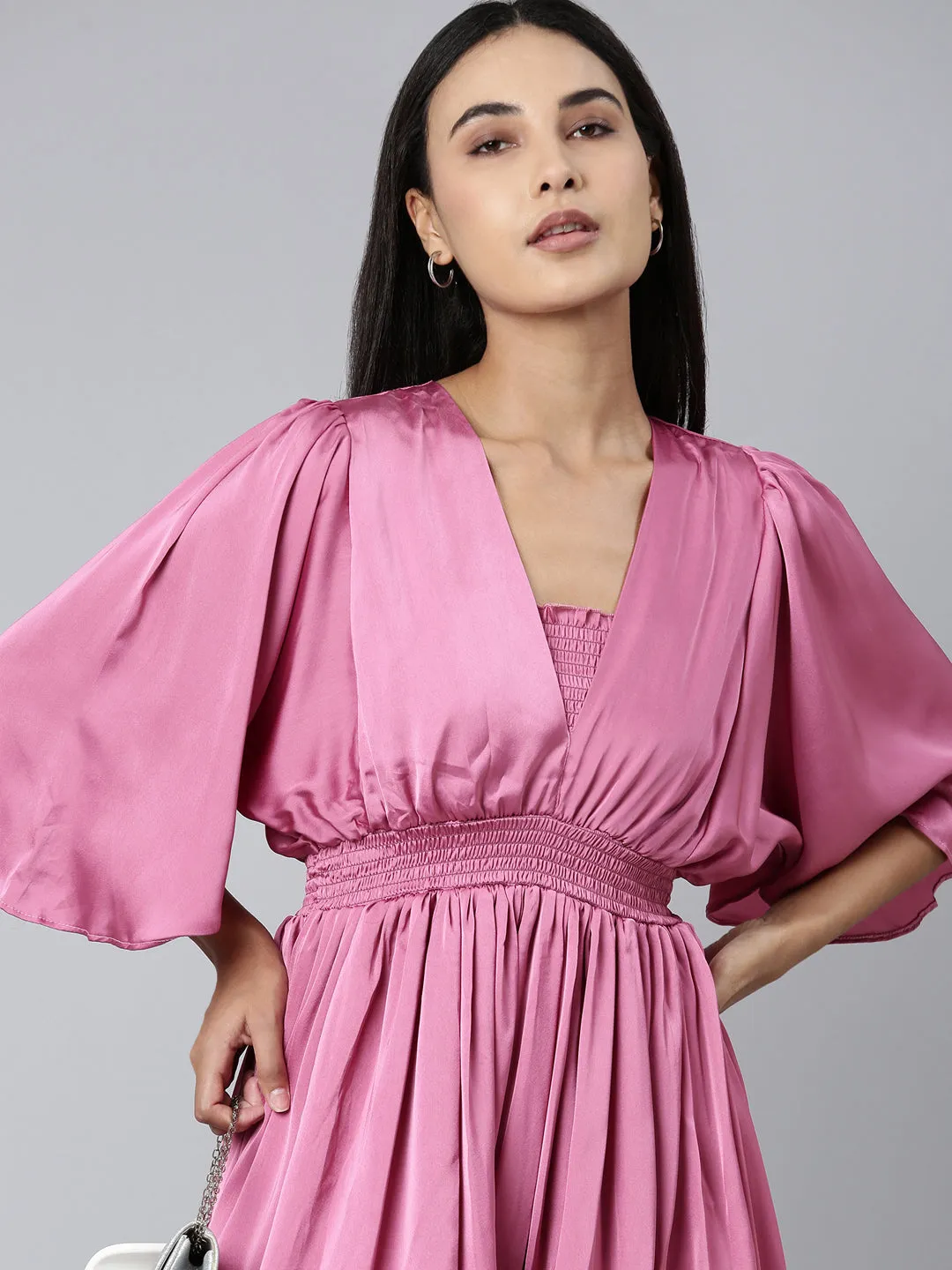 Women V-Neck Solid Fit and Flare Pink Dress