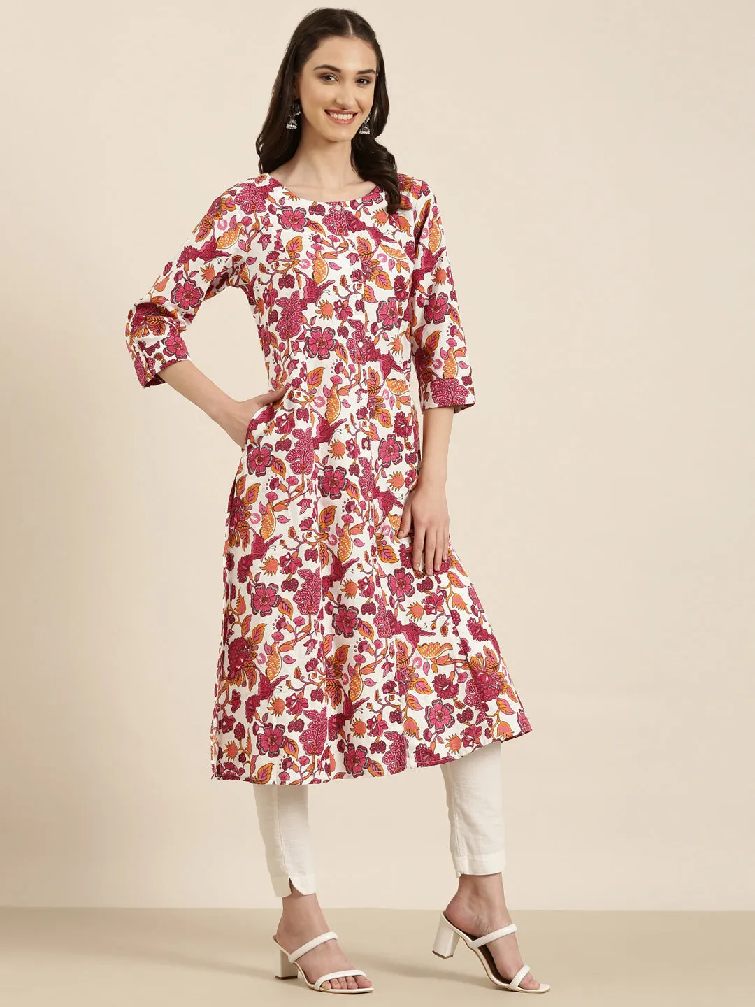 Women White Floral A-Line Kurta