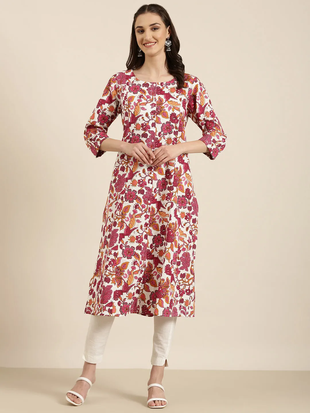 Women White Floral A-Line Kurta