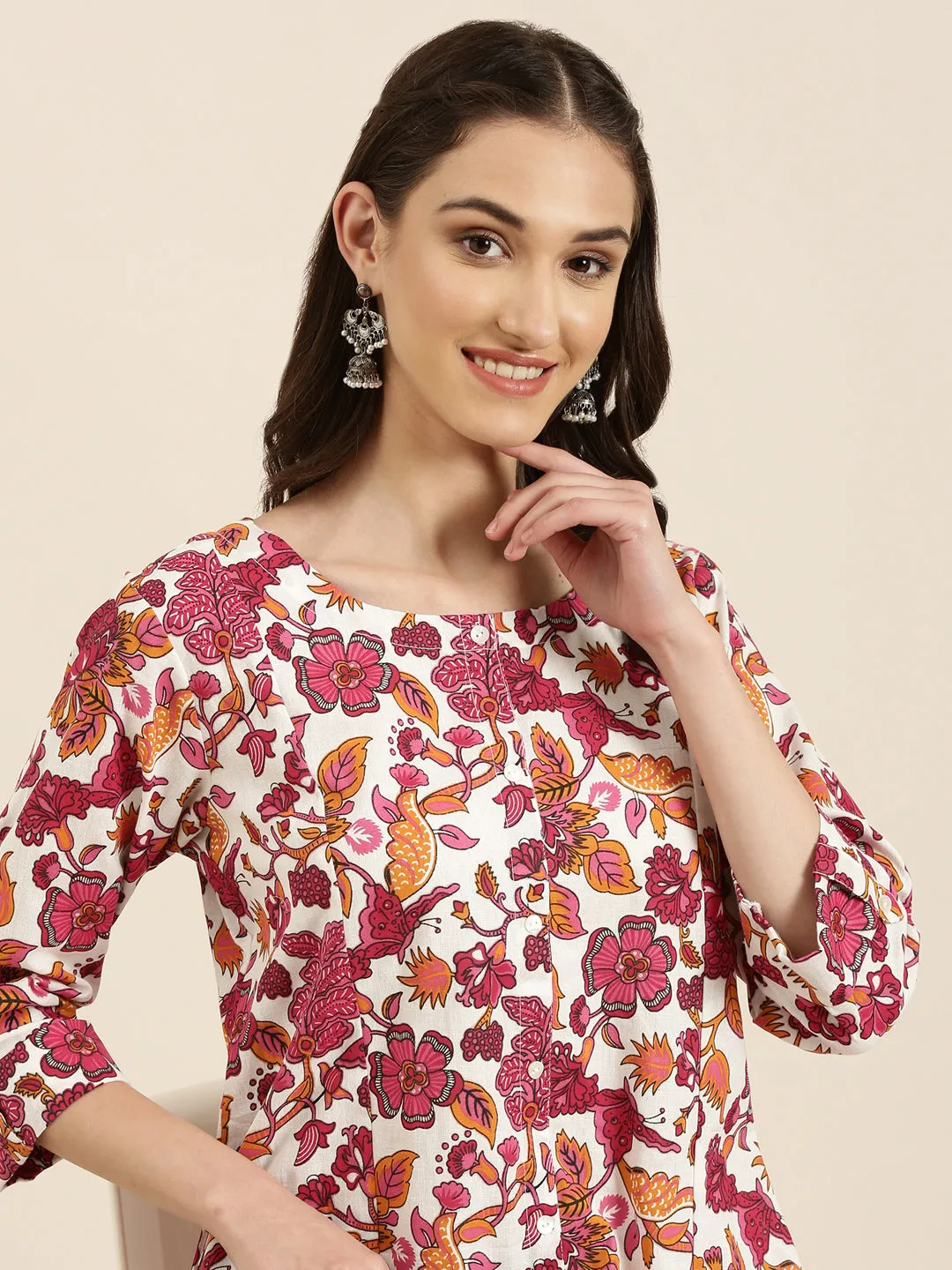 Women White Floral A-Line Kurta