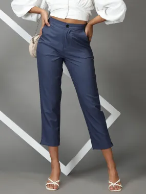 Women's Blue Solid Formal Trouser