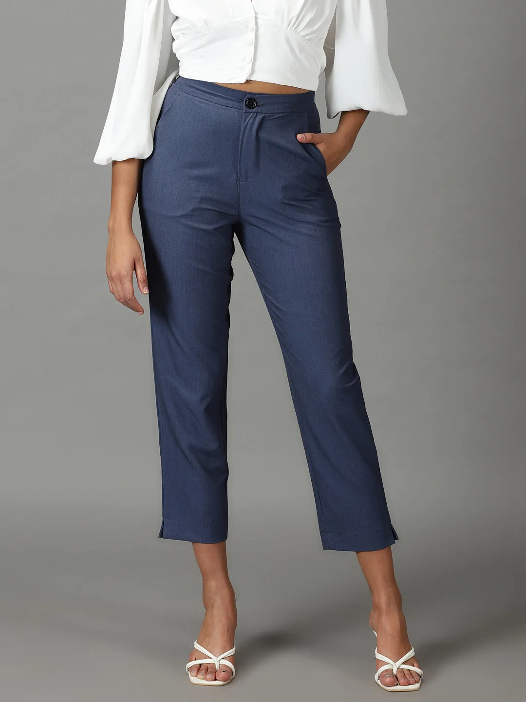 Women's Blue Solid Formal Trouser