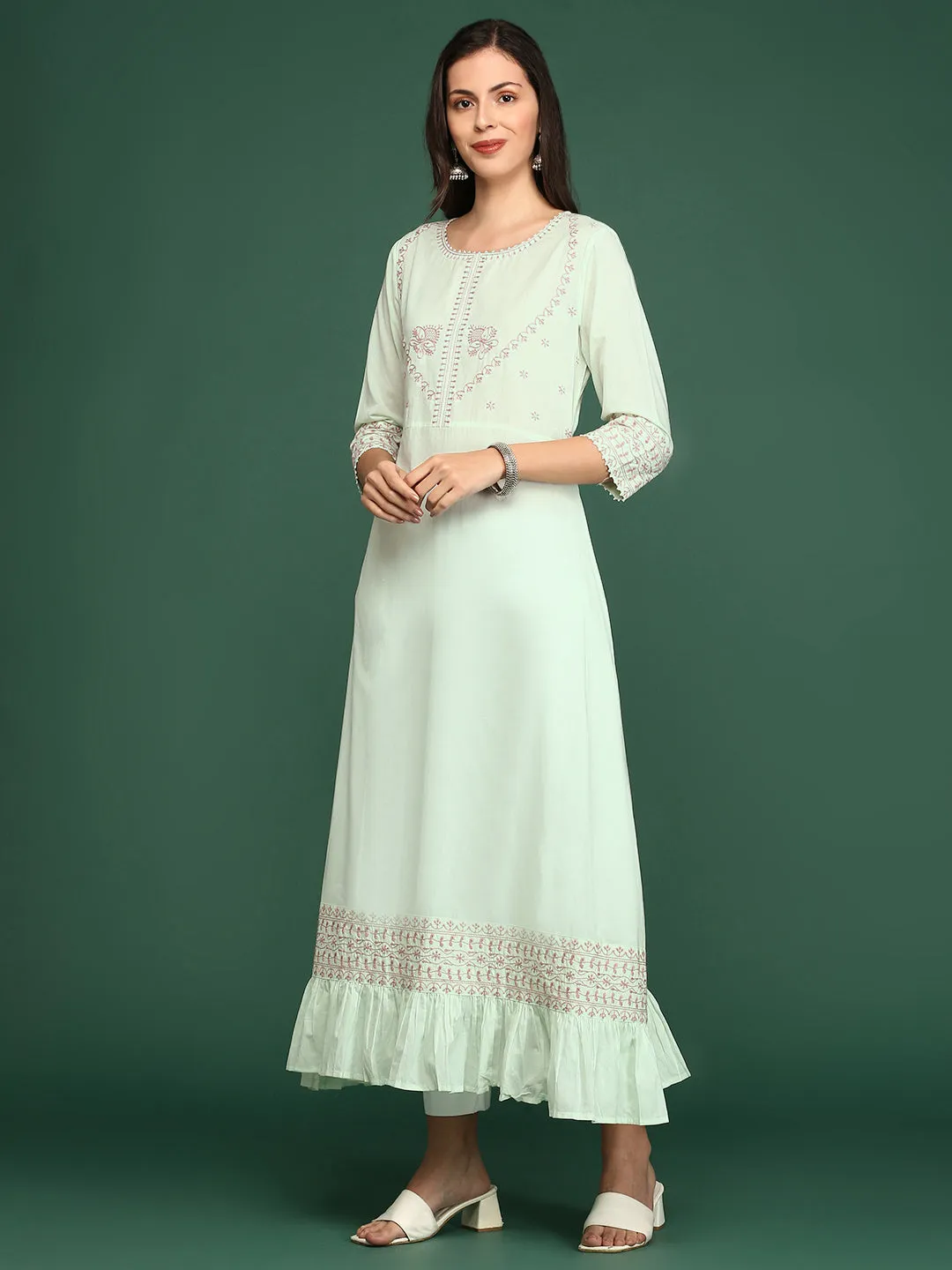 Women's Green Embroidered A-Line Kurta