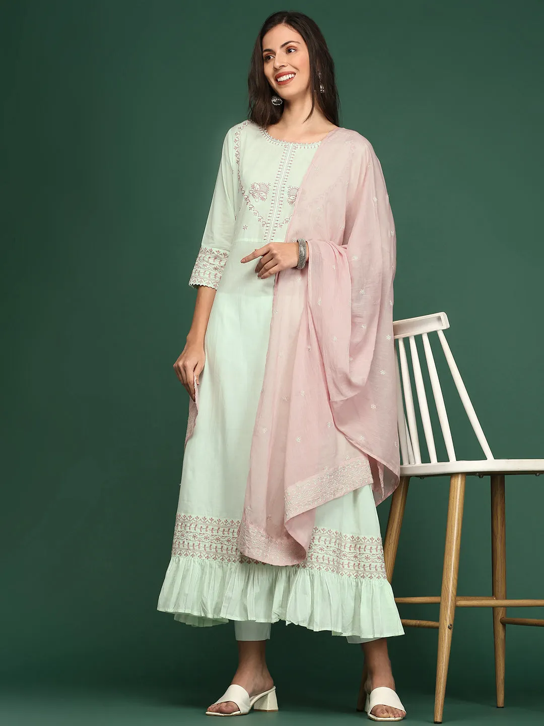 Women's Green Embroidered A-Line Kurta