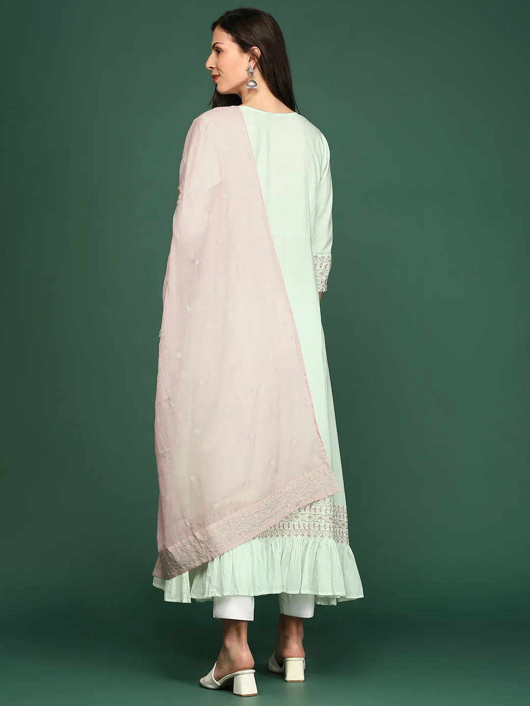 Women's Green Embroidered A-Line Kurta